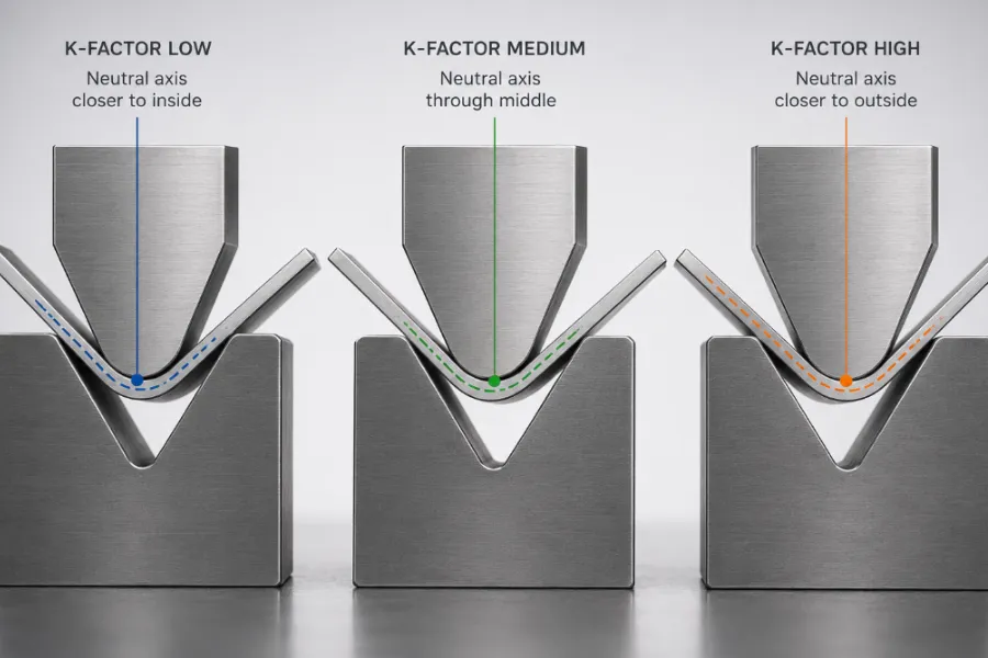 K-factor and neutral axis position used in sheet metal bend allowance calculations