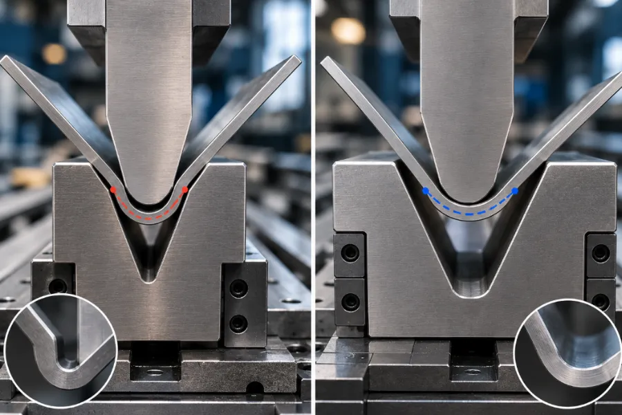 V-die opening effect on inside radius and press brake bend allowance during air bending