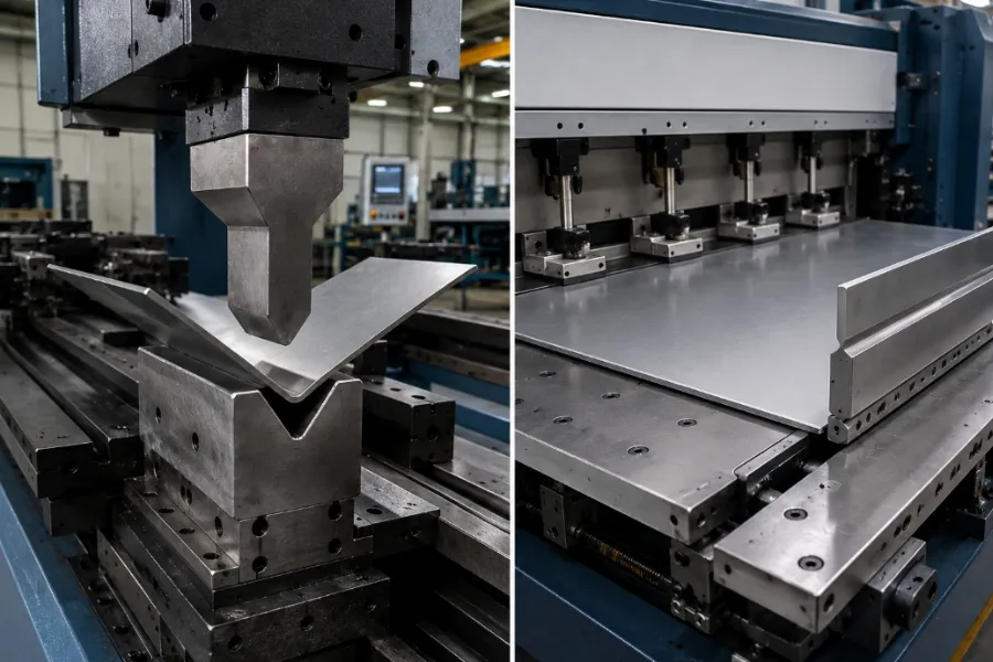 Press brake vs panel bender showing punch-and-die and folding bending methods