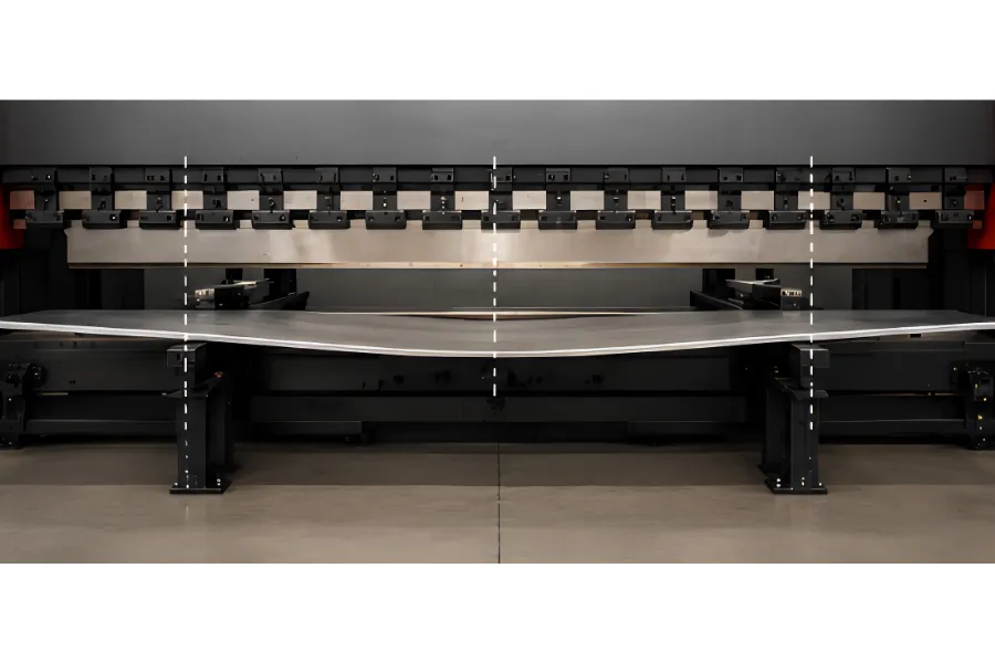 Press brake deflection causing uneven bend angles across a long workpiece