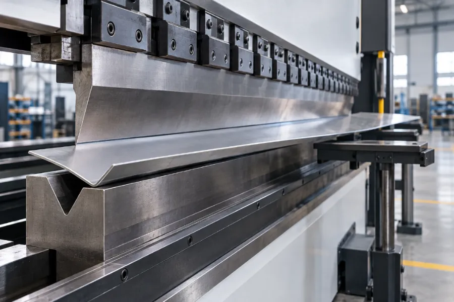 Press brake bending angle inconsistency on a long sheet metal workpiece