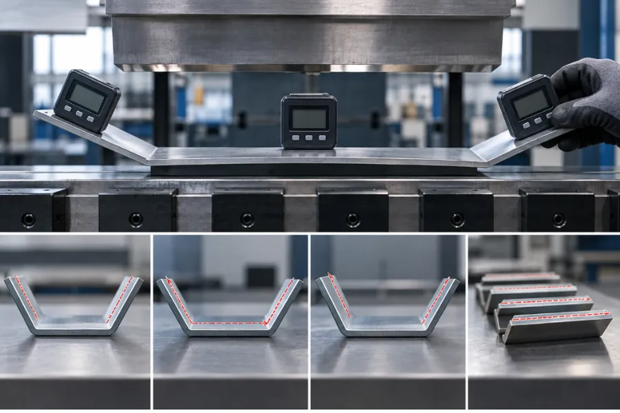 Press brake bending angle measurement at left center and right