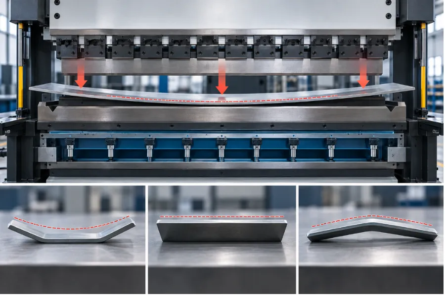 Press brake deflection causing center-to-end bending angle variation