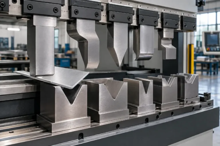 Press brake tooling with punches and V-dies for sheet metal bending