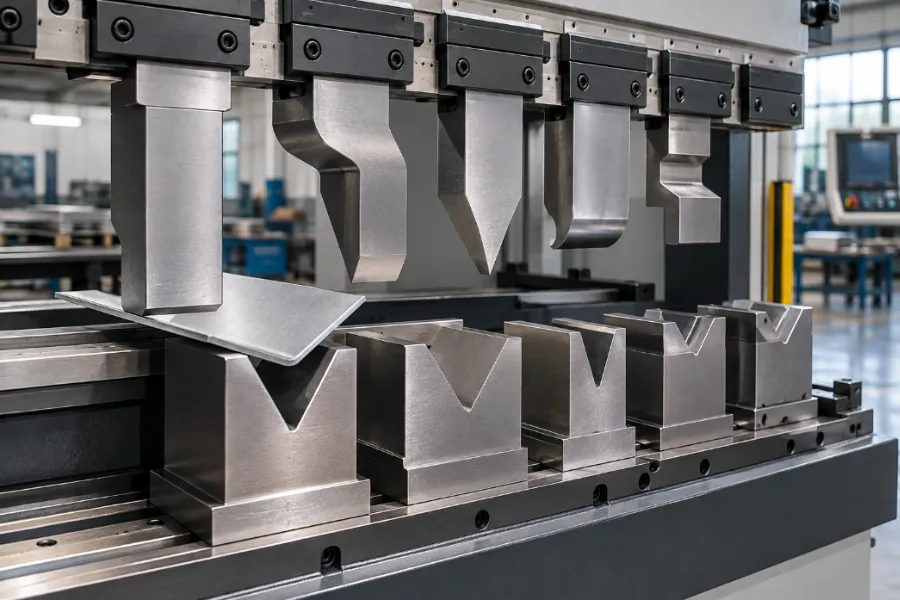 Press brake tooling with punches and V-dies for sheet metal bending