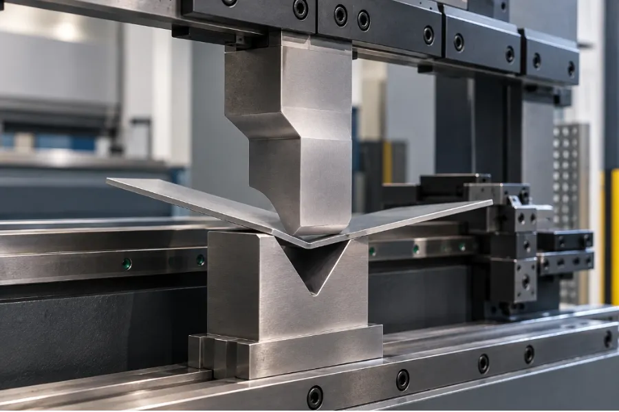 Press brake punch and die forming sheet metal during bending
