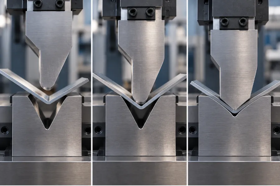 Press brake tooling for air bending, bottoming, and coining