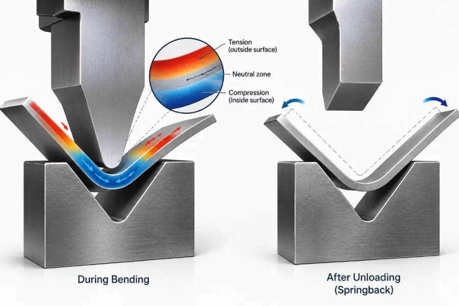 Press brake springback showing elastic recovery across a sheet metal bend
