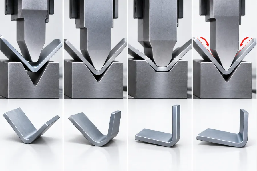 Press brake springback compensation using air bending, bottoming and coining