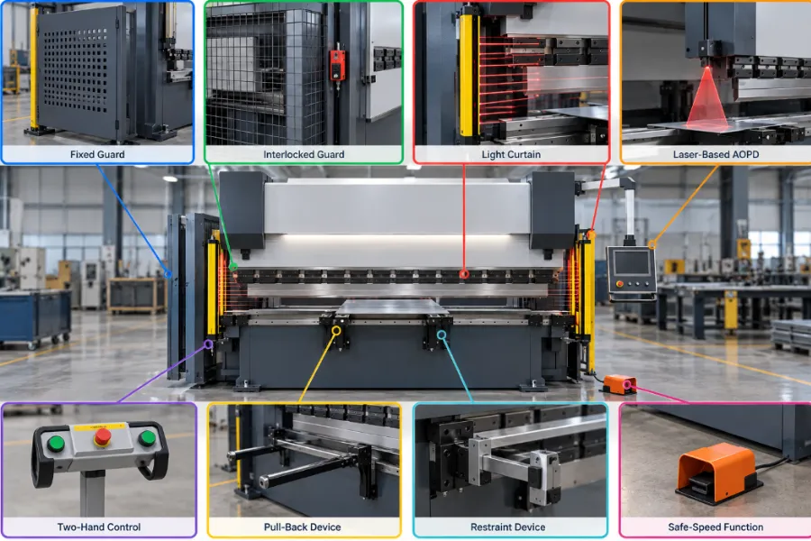 Types of press brake guarding and safety devices
