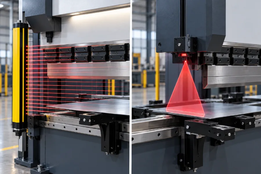 Press brake light curtain and laser guarding near the punch