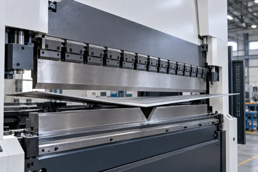 Press brake crowning during a long sheet metal bending operation