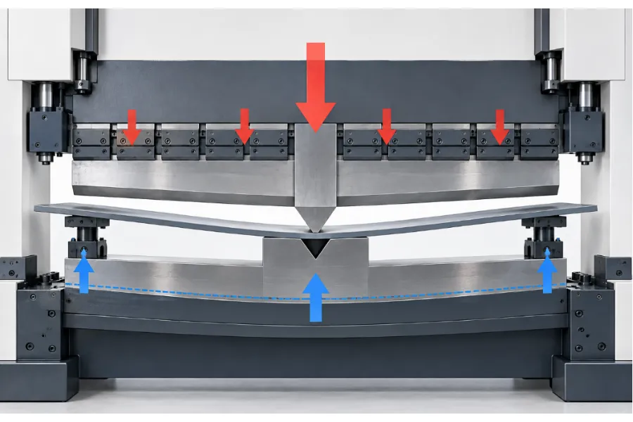 Press brake deflection under bending load before crowning compensation