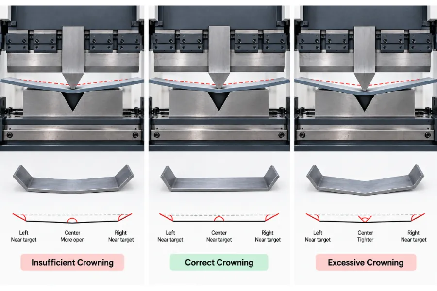 Press brake crowning showing undercompensation, correct compensation and overcompensation