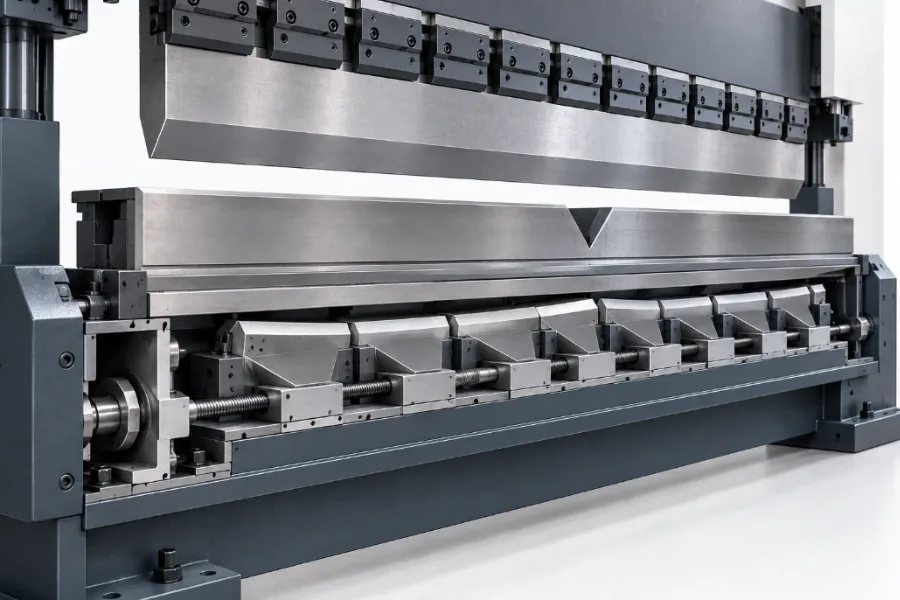 Mechanical press brake crowning system with adjustable wedge compensation