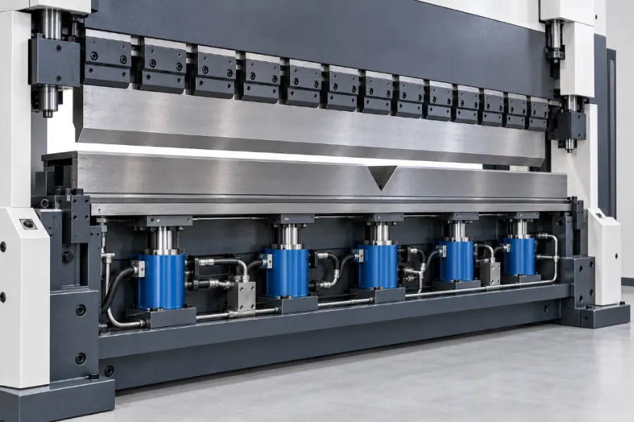 Hydraulic press brake crowning system using cylinders for deflection compensation