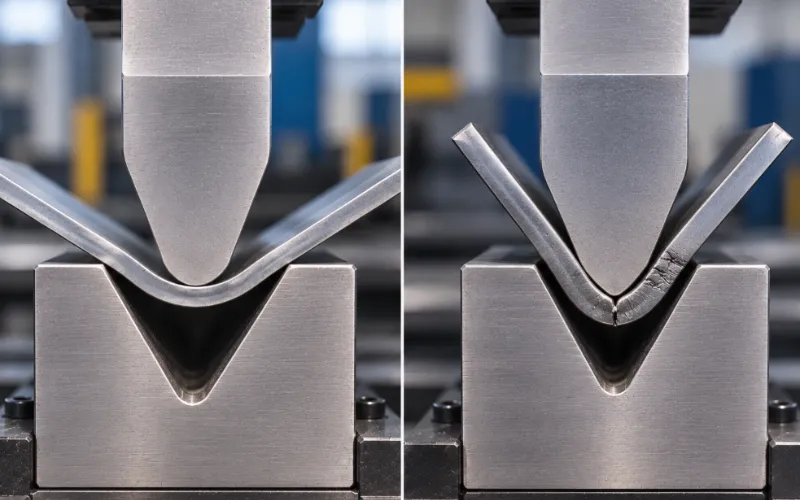 Minimum press brake bend radius comparison with smooth bend and sharp cracked bend