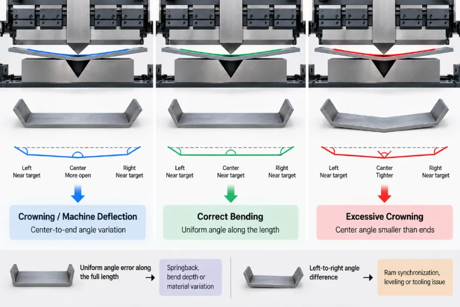 Press brake crowning diagnosis using left, center and right bend angle patterns