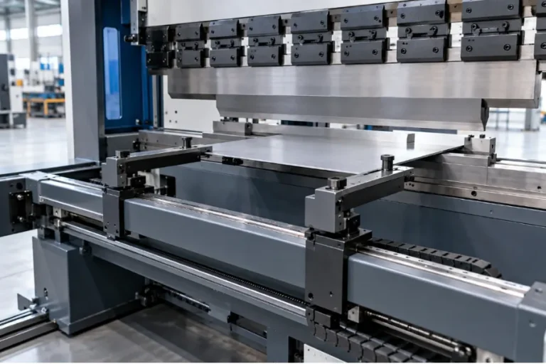 CNC press brake backgauge system with positioning fingers and sheet metal workpiece