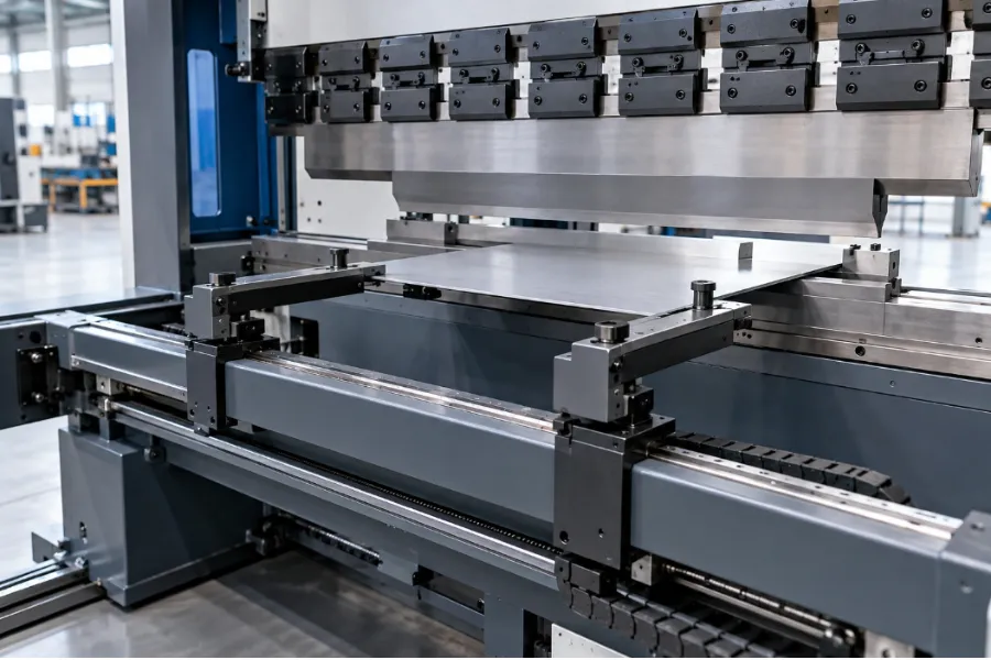 CNC press brake backgauge system with positioning fingers and sheet metal workpiece