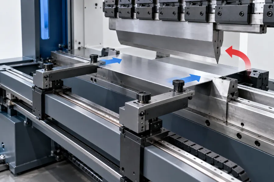 How a press brake backgauge positions sheet metal before bending and retracts for clearance