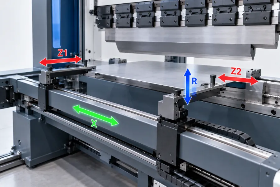 Press brake backgauge axes showing X depth, R height and Z1/Z2 lateral positioning